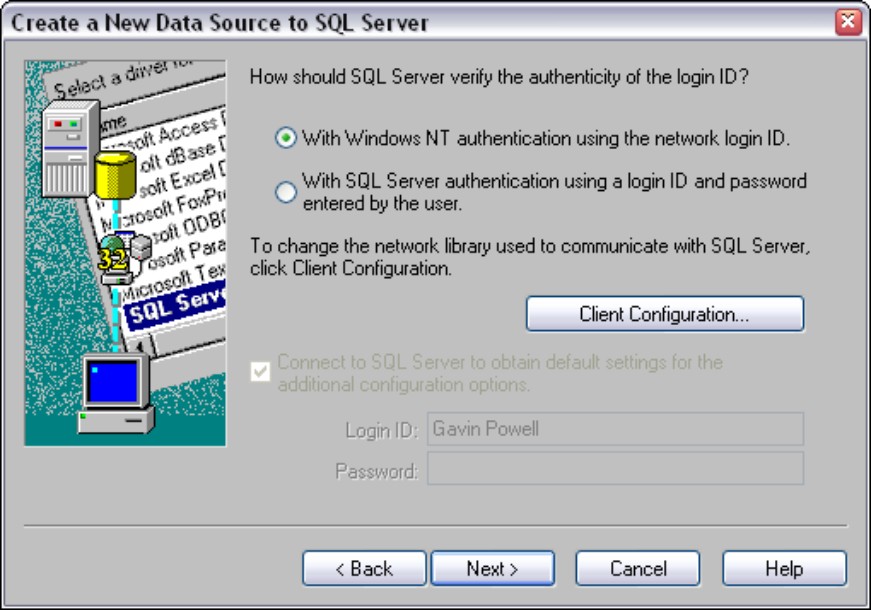 Authentication of data source connection to a SQL Server